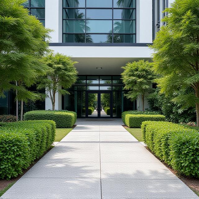 The impeccably maintained entrance to a commercial plaza in Miami, featuring lush landscaping, clean walkways, and welcoming greenery.