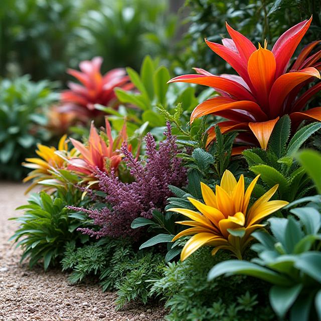 An artfully designed tropical garden bed displaying a vibrant array of native plants, colorful flowers, and rich textures in a Miami landscape.