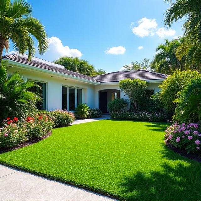 A beautifully manicured residential front yard with vibrant green grass, well-trimmed hedges, and colorful tropical flower beds in Miami.